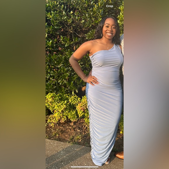 Club L POWDER BLUE ONE SHOULDER SIDE SPLIT RUCHED MAXI DRESS - Picture 1 of 3